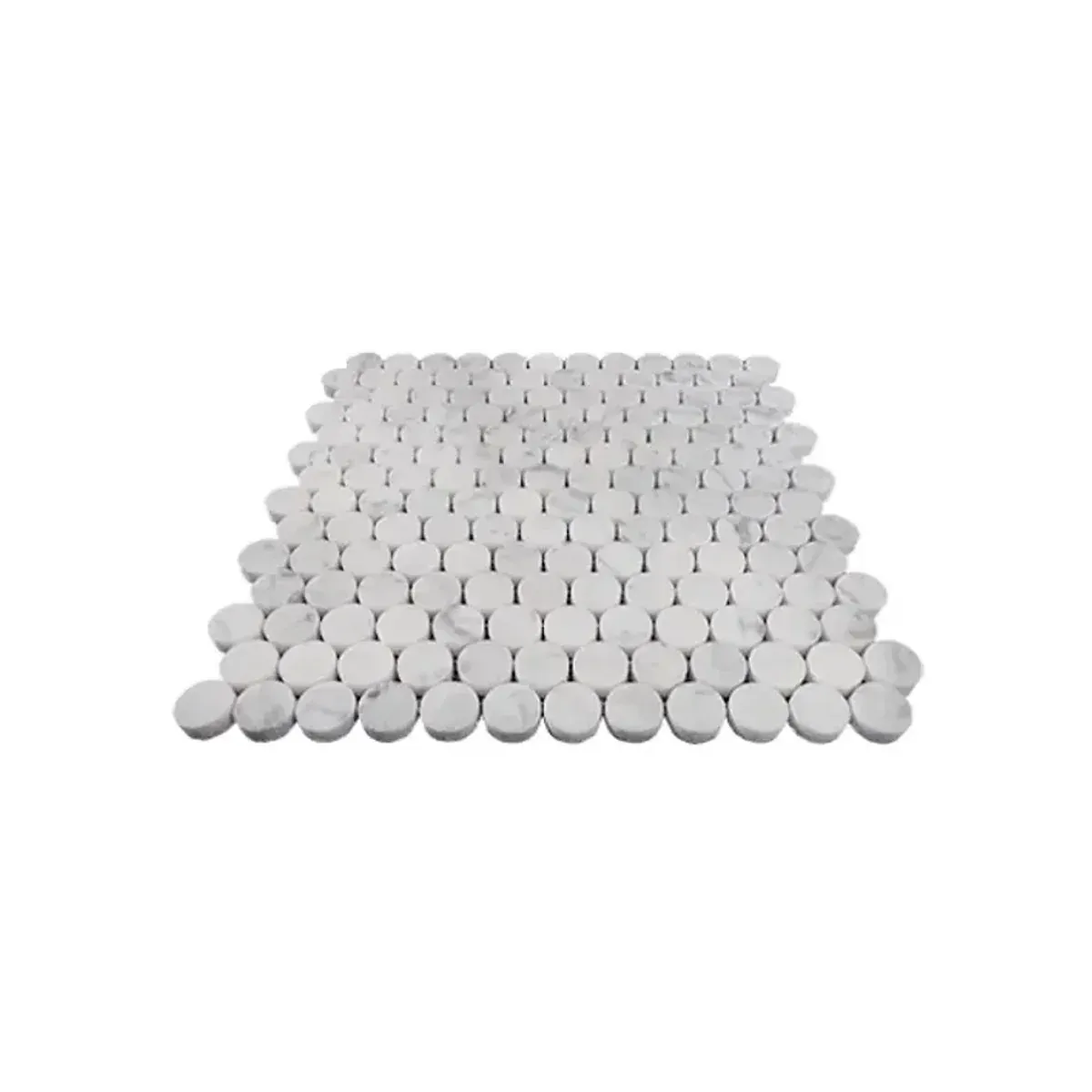 Perspective view of Carrara White Marble Penny Round Mosaic Tile showing stone edges and joints