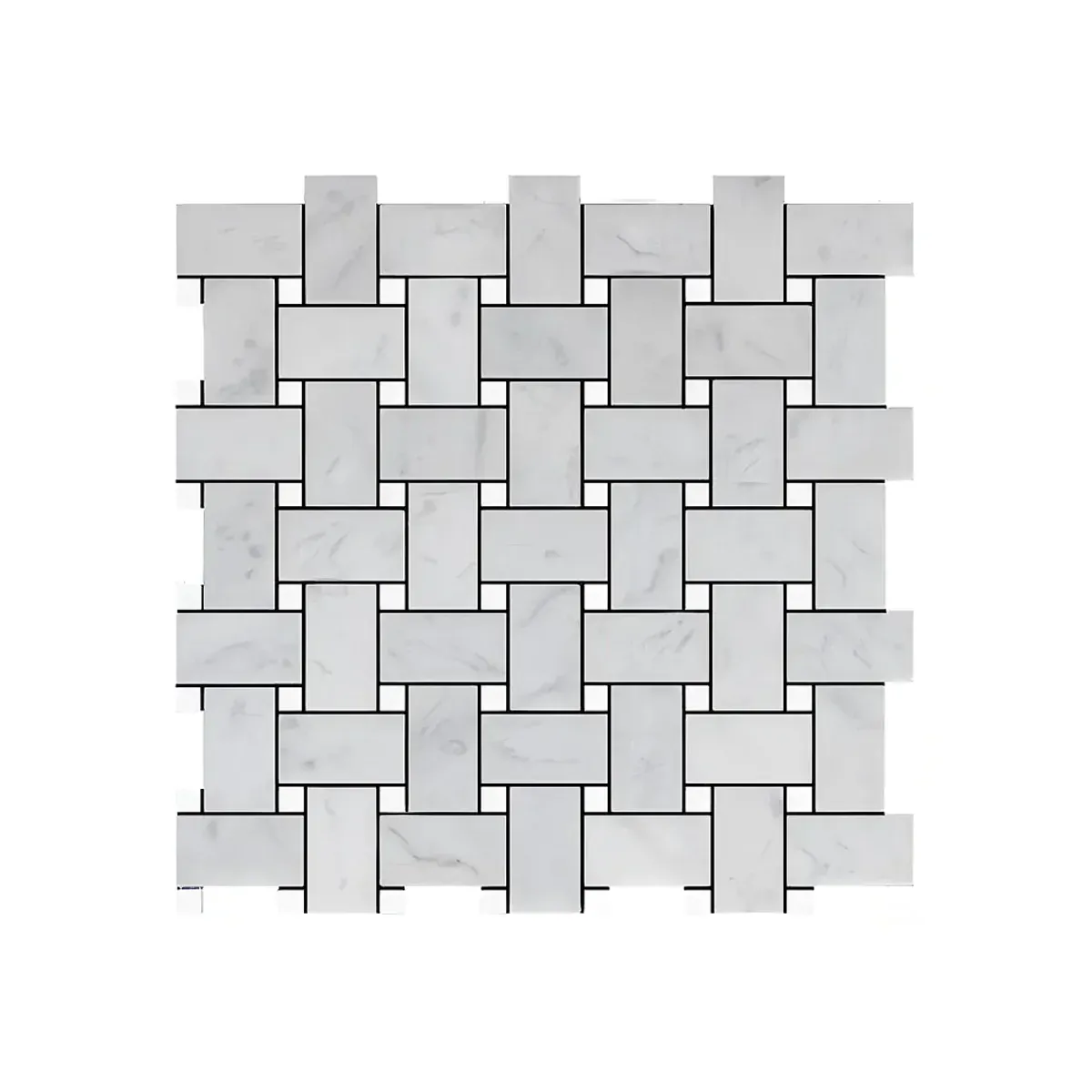 Carrara White Marble Basketweave Mosaic Tile with Carrara dots sheet on a white background