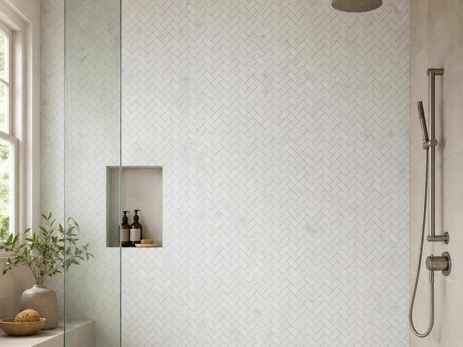 Carrara White Marble 1x2 Inch Herringbone Mosaic Tile installed in a shower application