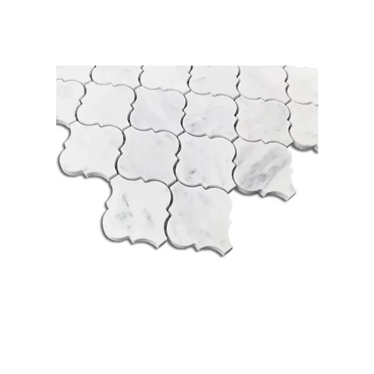 Detailed view of Carrara White Marble Arabesque Lantern Mosaic with natural grey veining