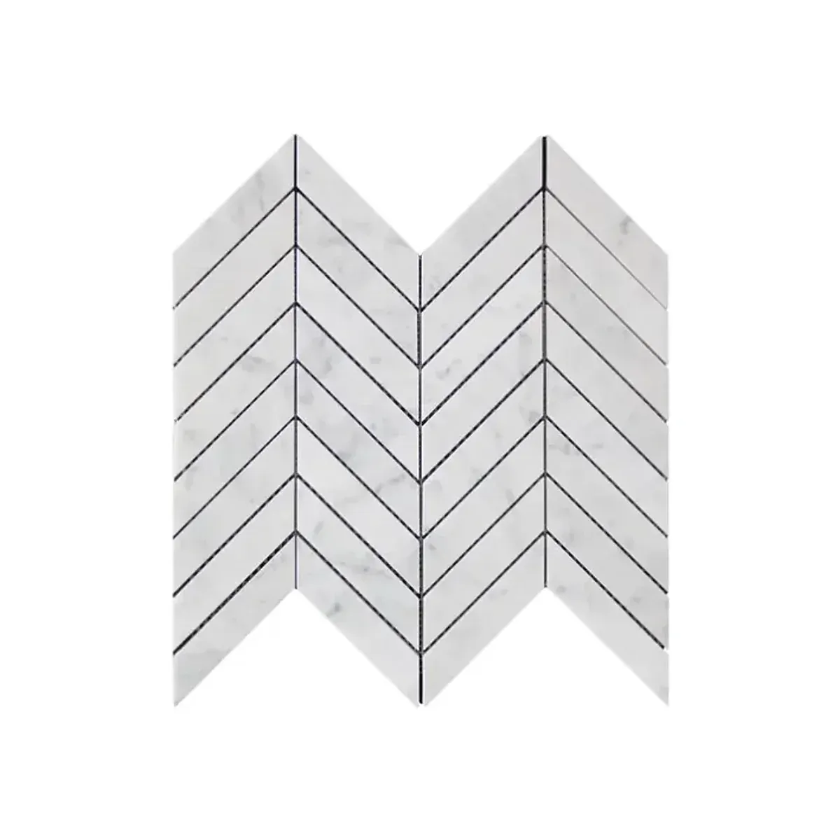 Carrara White Marble 1x4 inch chevron mosaic tile product sheet on a white background