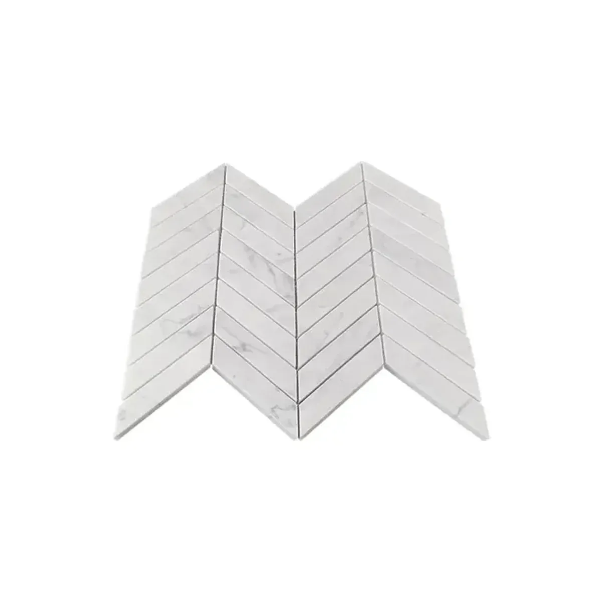 Carrara White Marble 1x4 inch chevron mosaic tile shown in a perspective product view