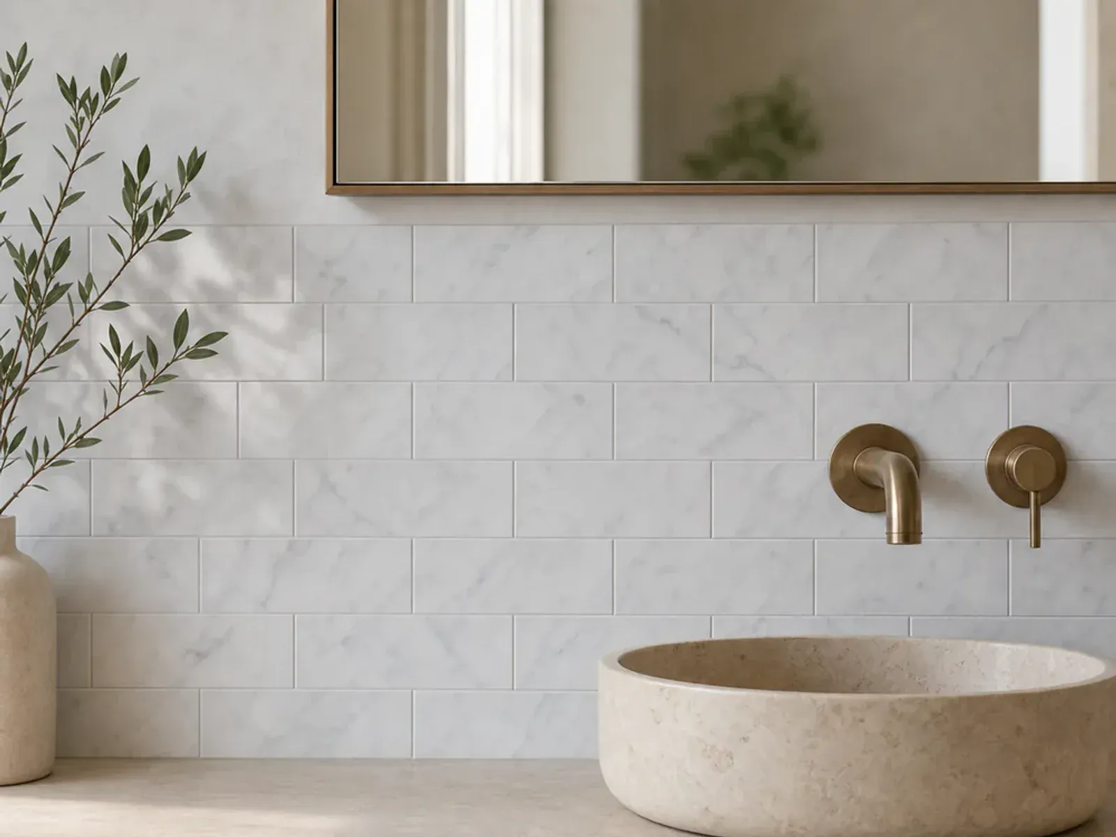 Bianco Carrara White Marble 3x6 inch subway tiles installed in a bathroom wall application