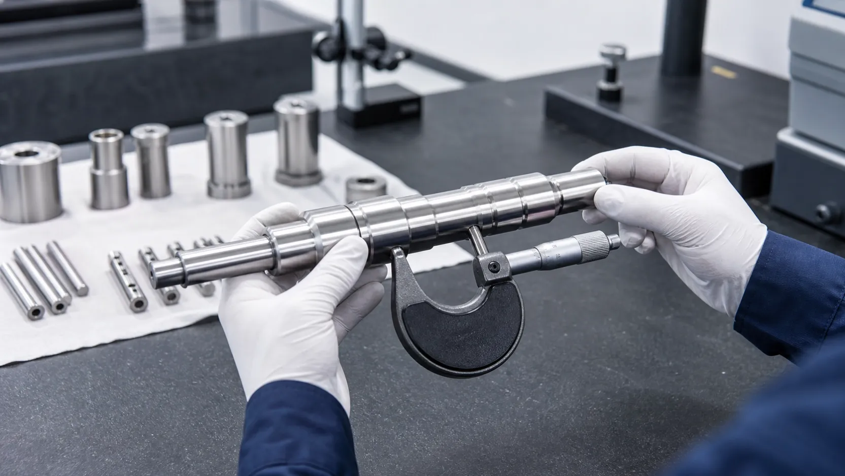 Technician measuring the diameter of a precision CNC turned stainless steel shaft