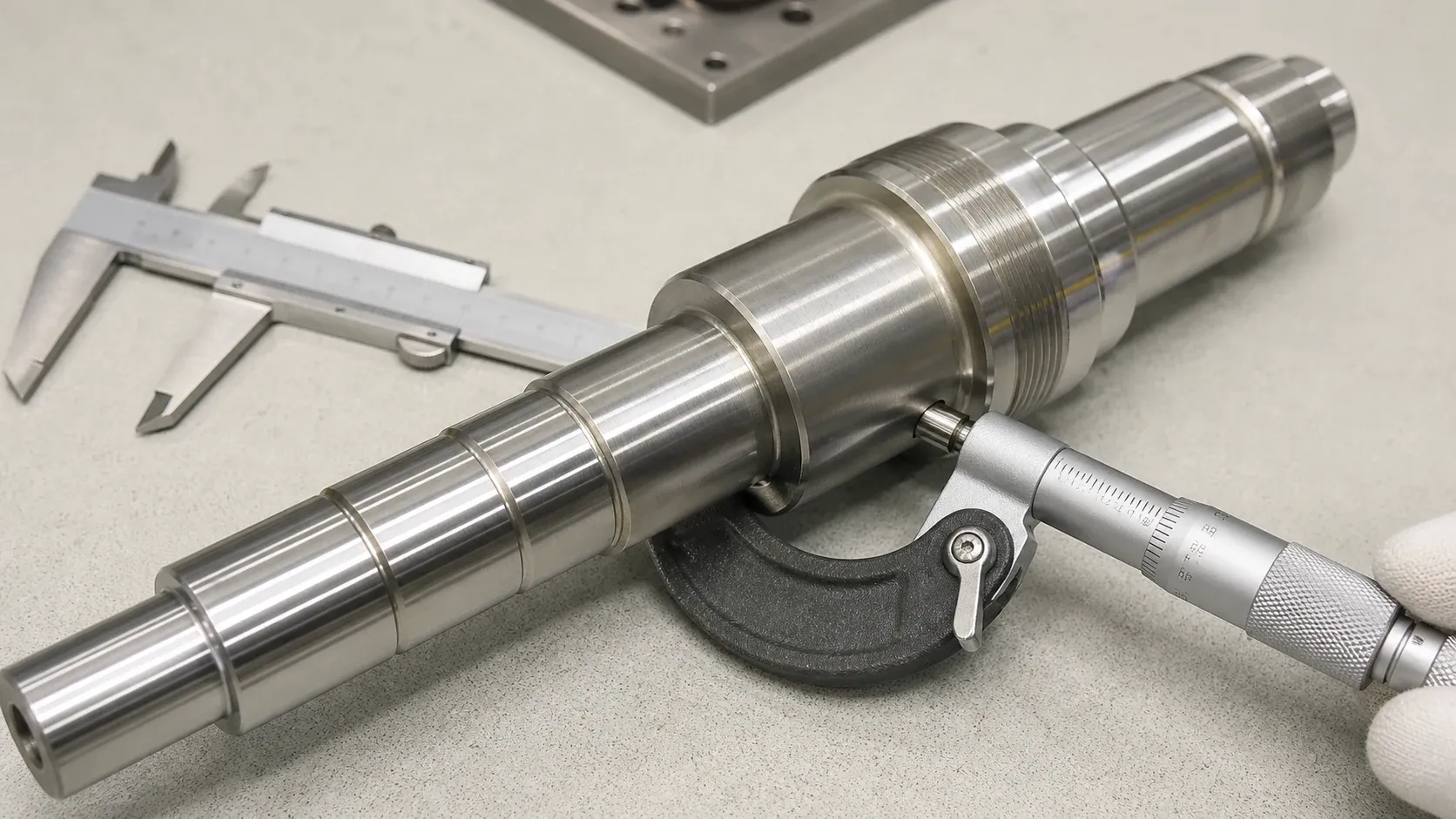 Micrometer measuring a precision CNC machined stainless steel shaft