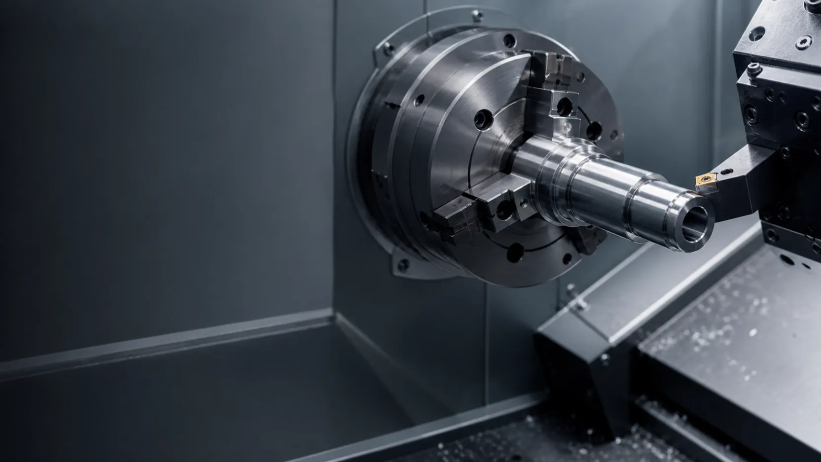 CNC lathe turning a precision stainless steel rotational OEM component