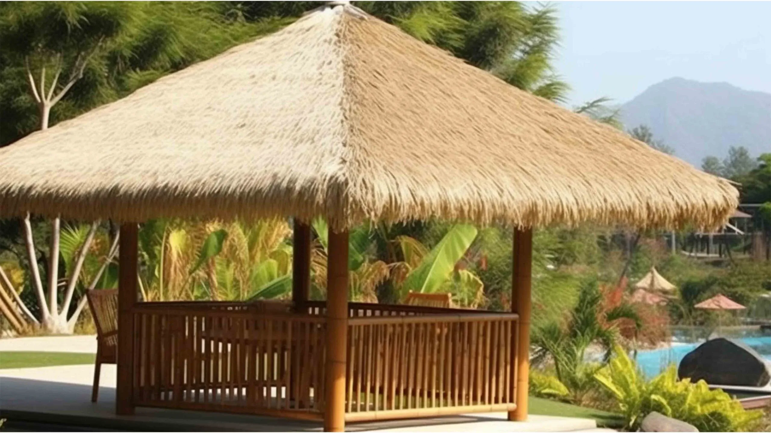 Artificial thatch roof over a resort building