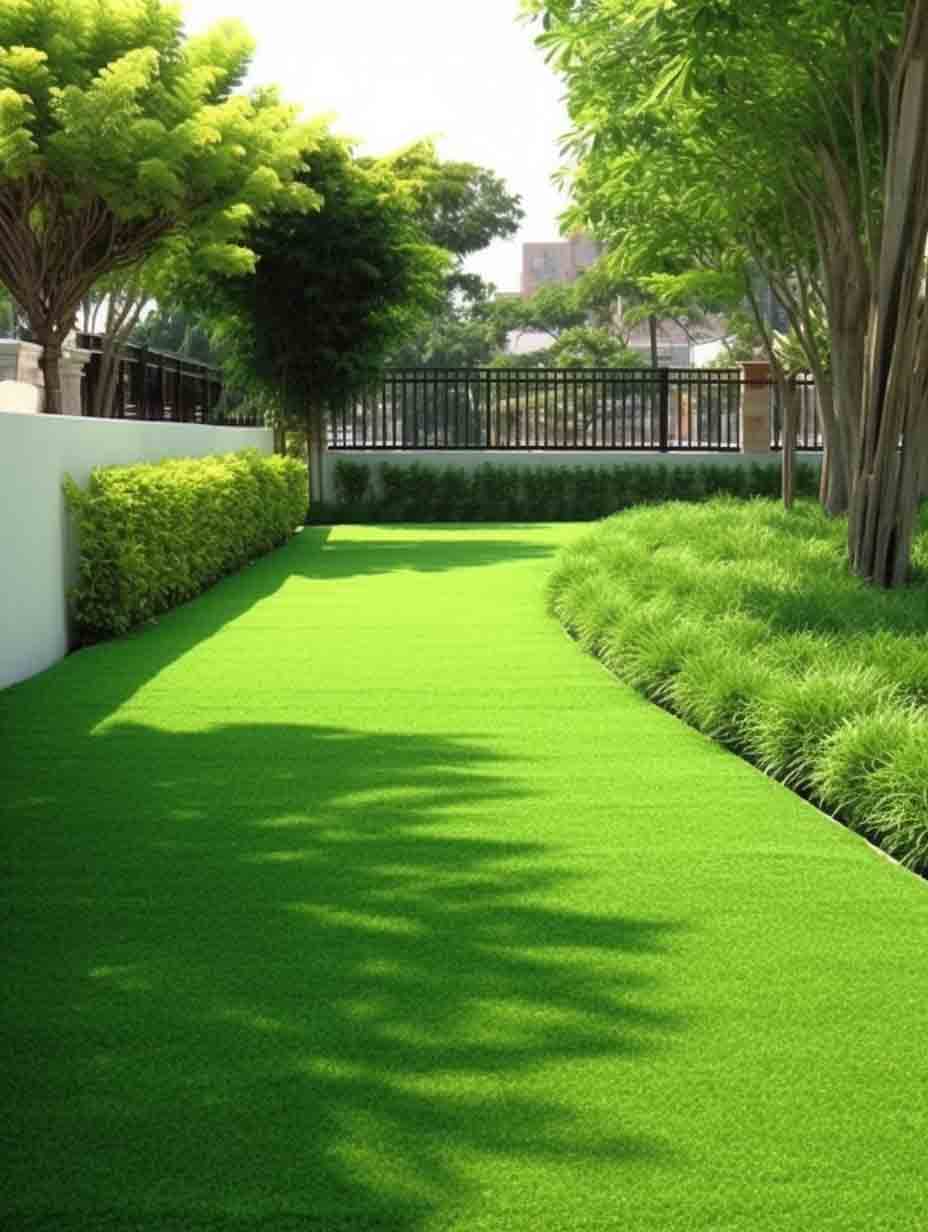 Artificial lawn bordered by shrubs in a landscaped garden