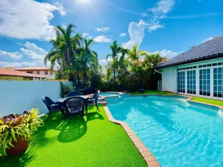 Artificial grass laid around a private swimming pool
