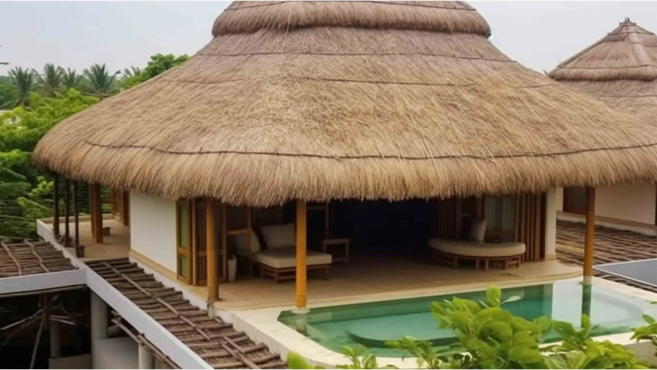 Artificial thatch covering a resort building