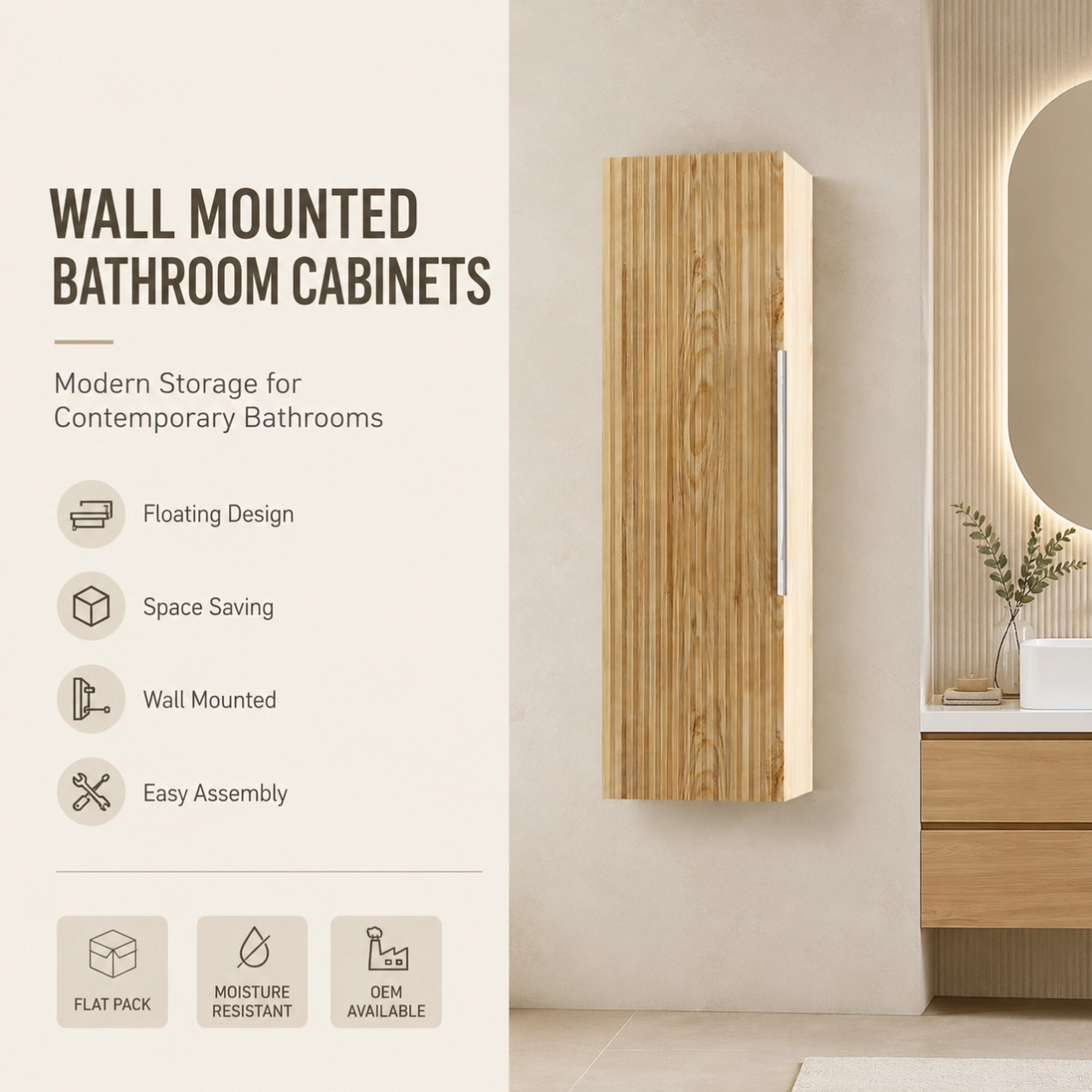 Tall bathroom storage cabinet with reeded door panels and compact footprint