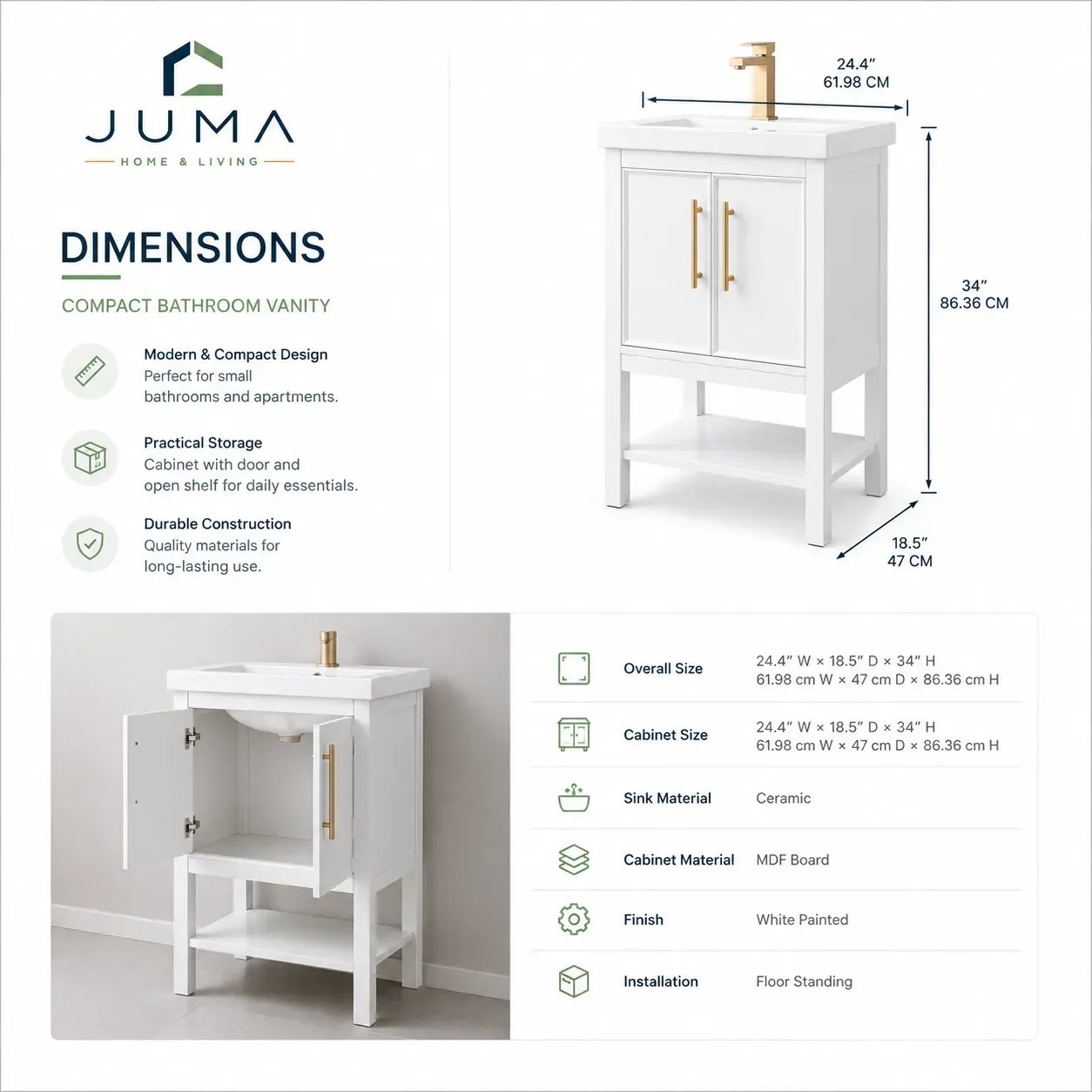 White Painted Bathroom Vanity with Ceramic Basin and Gold Handles