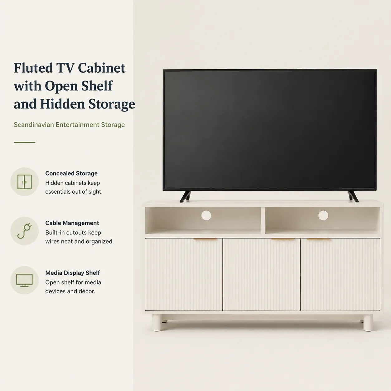 white fluted TV stand with storage for modern living room