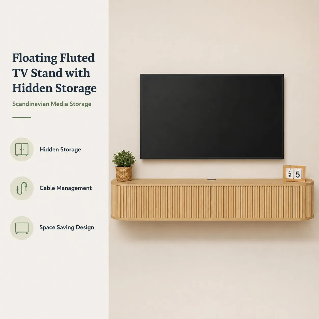 floating fluted TV stand with hidden storage for modern living room