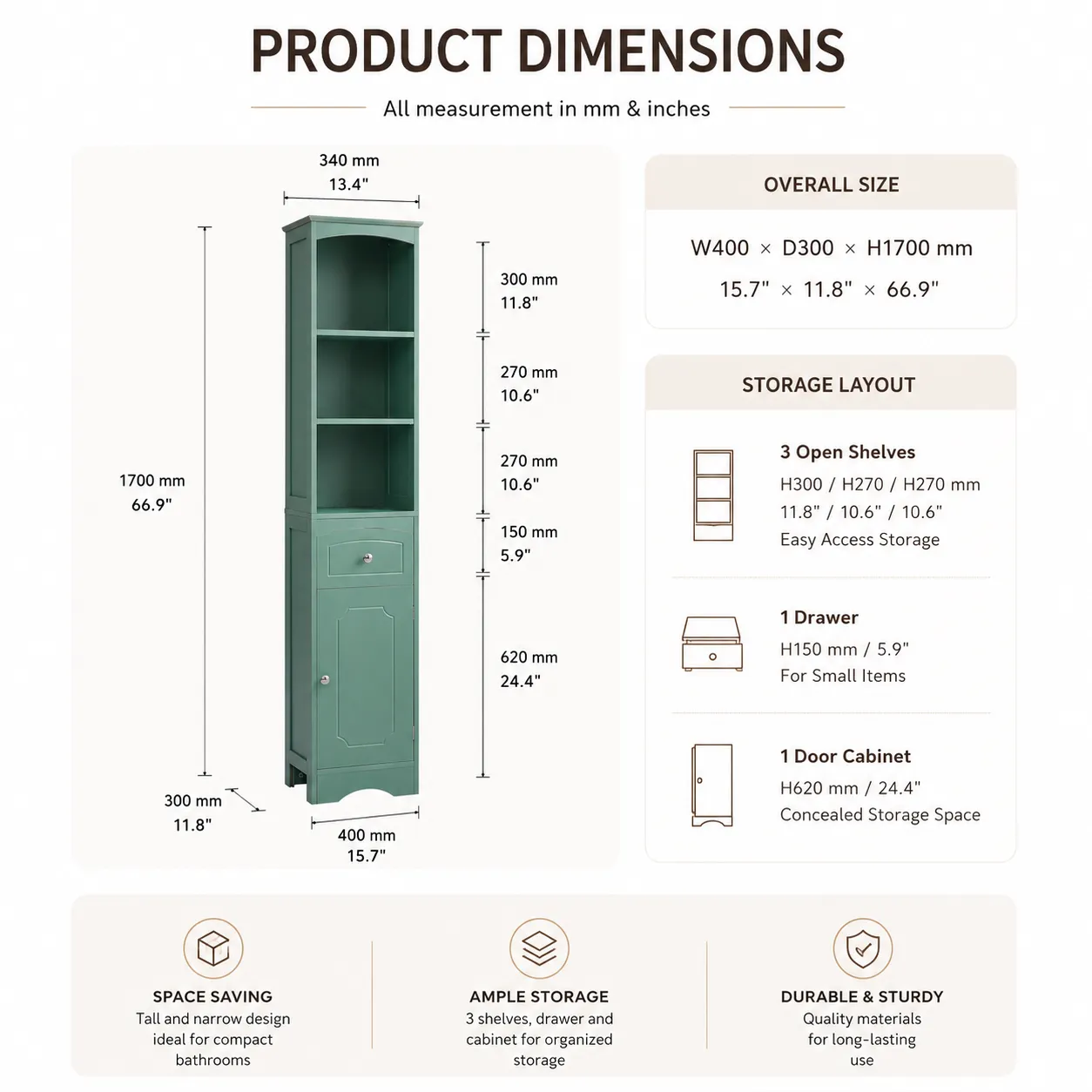 Estimated product dimensions in inches and cm