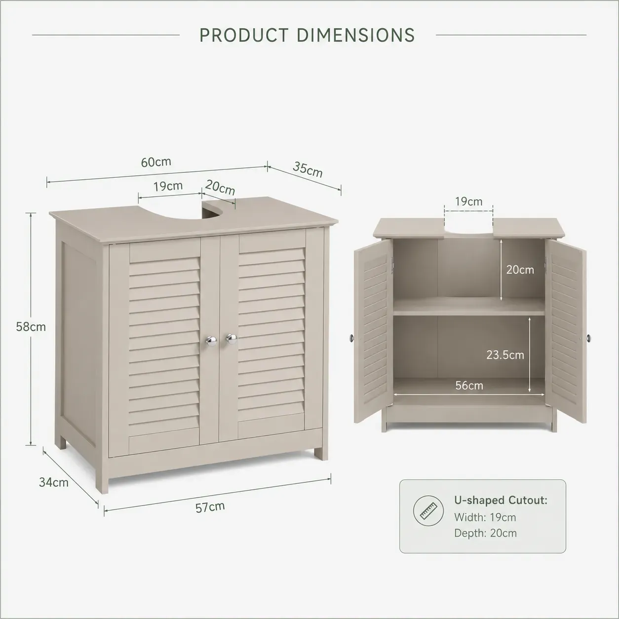 Taupe greige bathroom sink cabinet dimensions showing 60cm width, 35cm depth and 58cm height