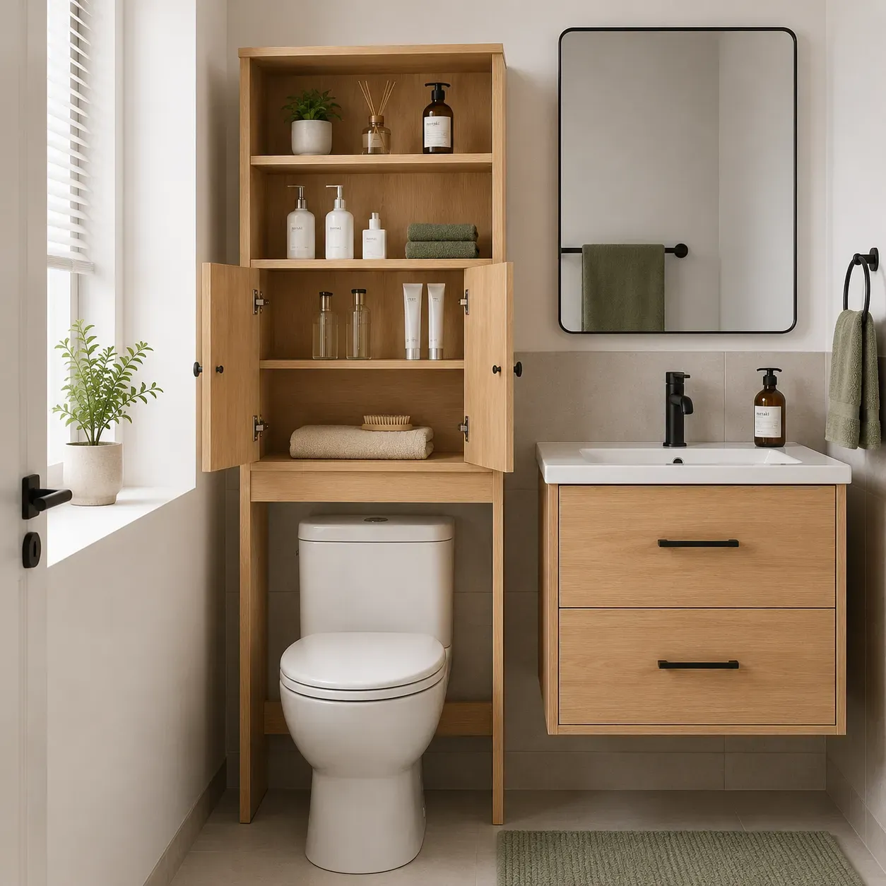 compact European bathroom featuring fluted over-toilet-storage-cabinet with open shelf storage