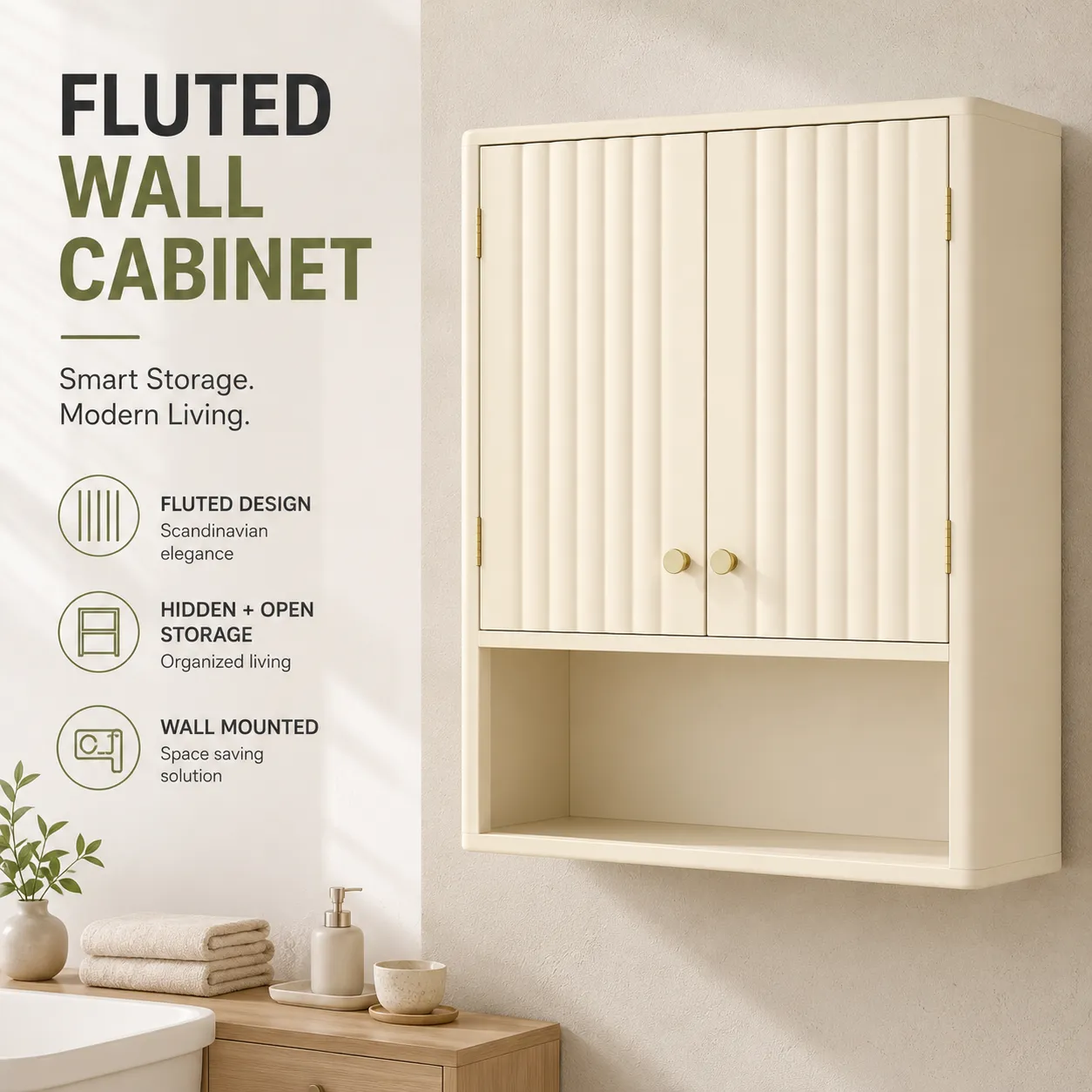 Wall mounted bathroom cabinet with fluted doors and open storage shelf