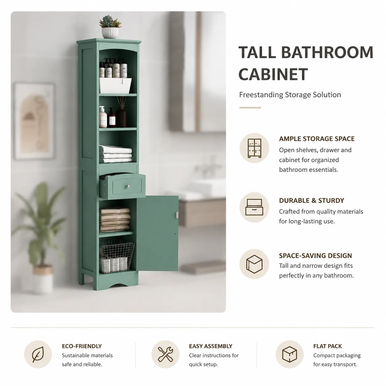Scandinavian-style tall bathroom storage cabinet with open shelves and lower door cabinet in green finish