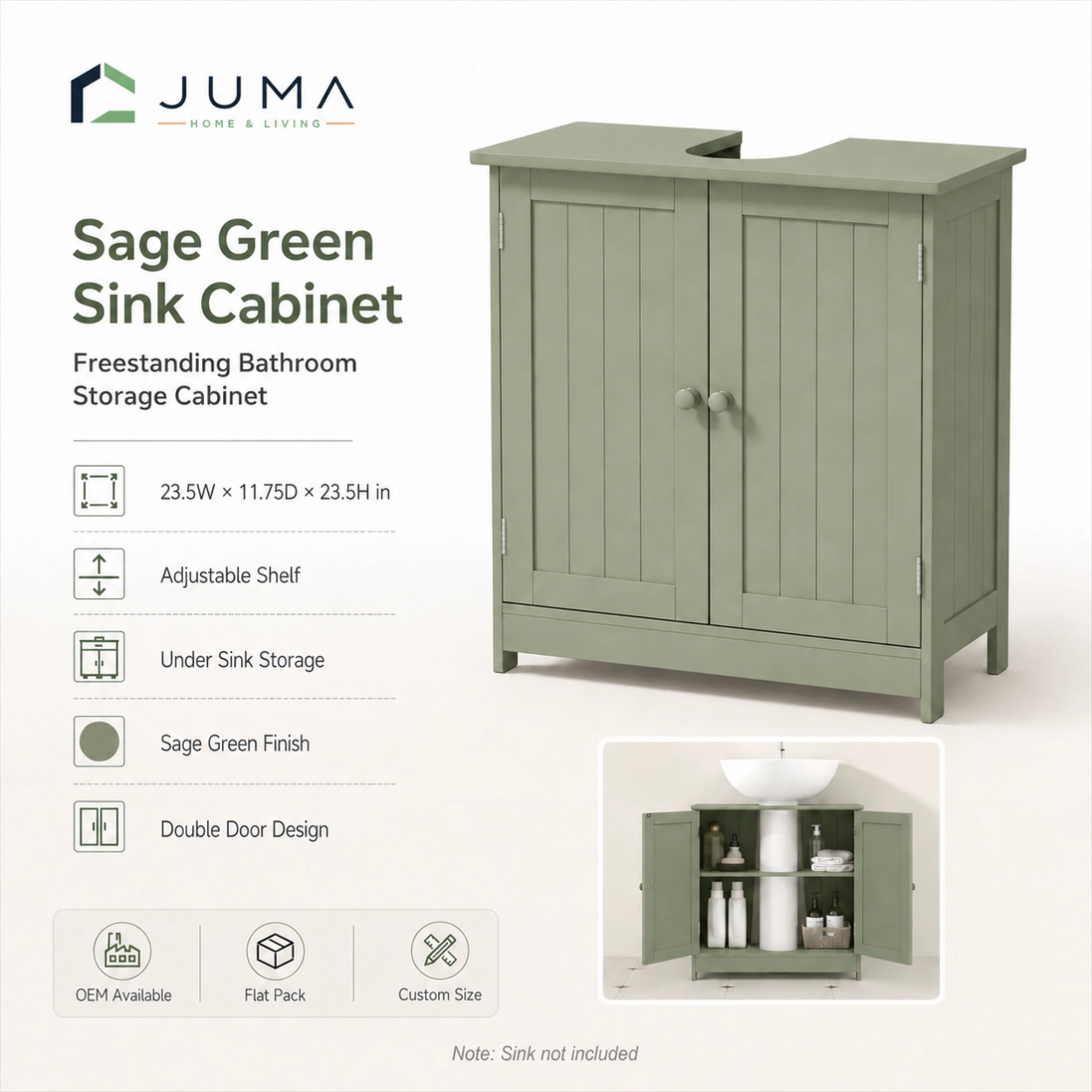 Sage green freestanding bathroom sink cabinet with double doors and adjustable shelf for compact European bathrooms