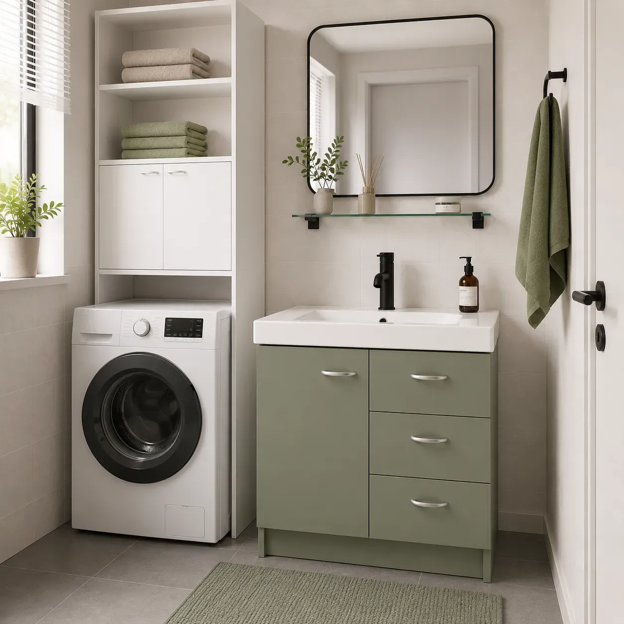 Compact under sink bathroom storage cabinet installed in a modern Scandinavian-style European bathroom