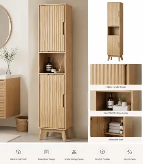 Fluted bathroom cabinet with hidden handles and open storage shelf_1