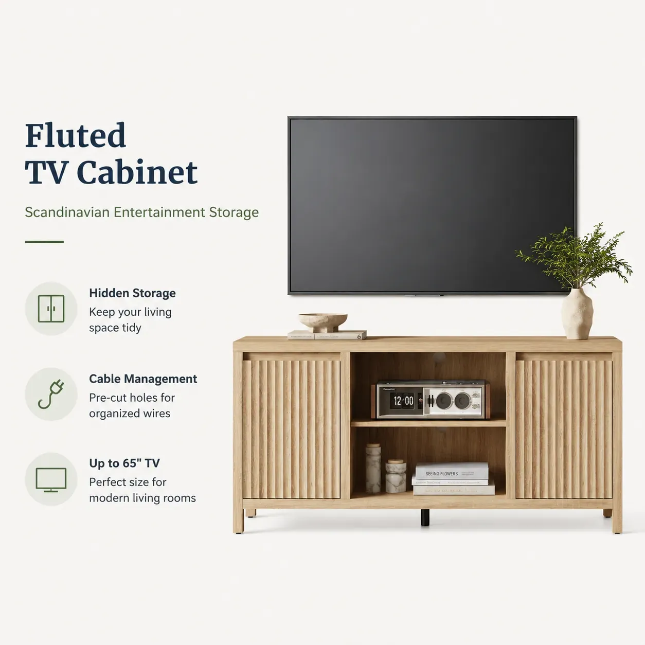 fluted TV cabinet with hidden storage for modern living room