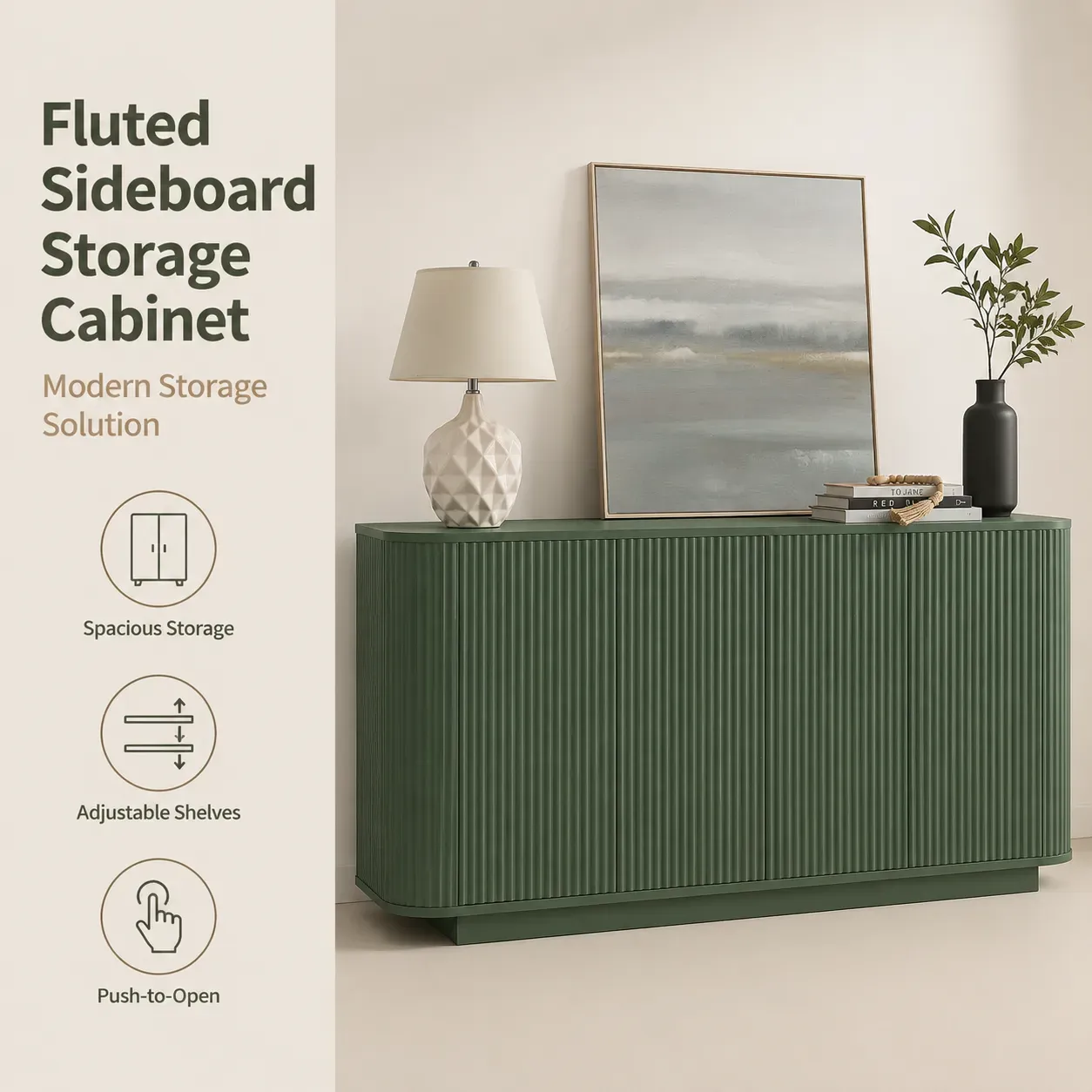 Modern green fluted sideboard cabinet for Scandinavian living room furniture