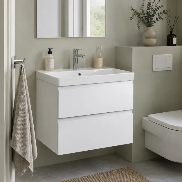 Gloss white wall mounted bathroom vanity cabinet with basin in small modern European bathroom