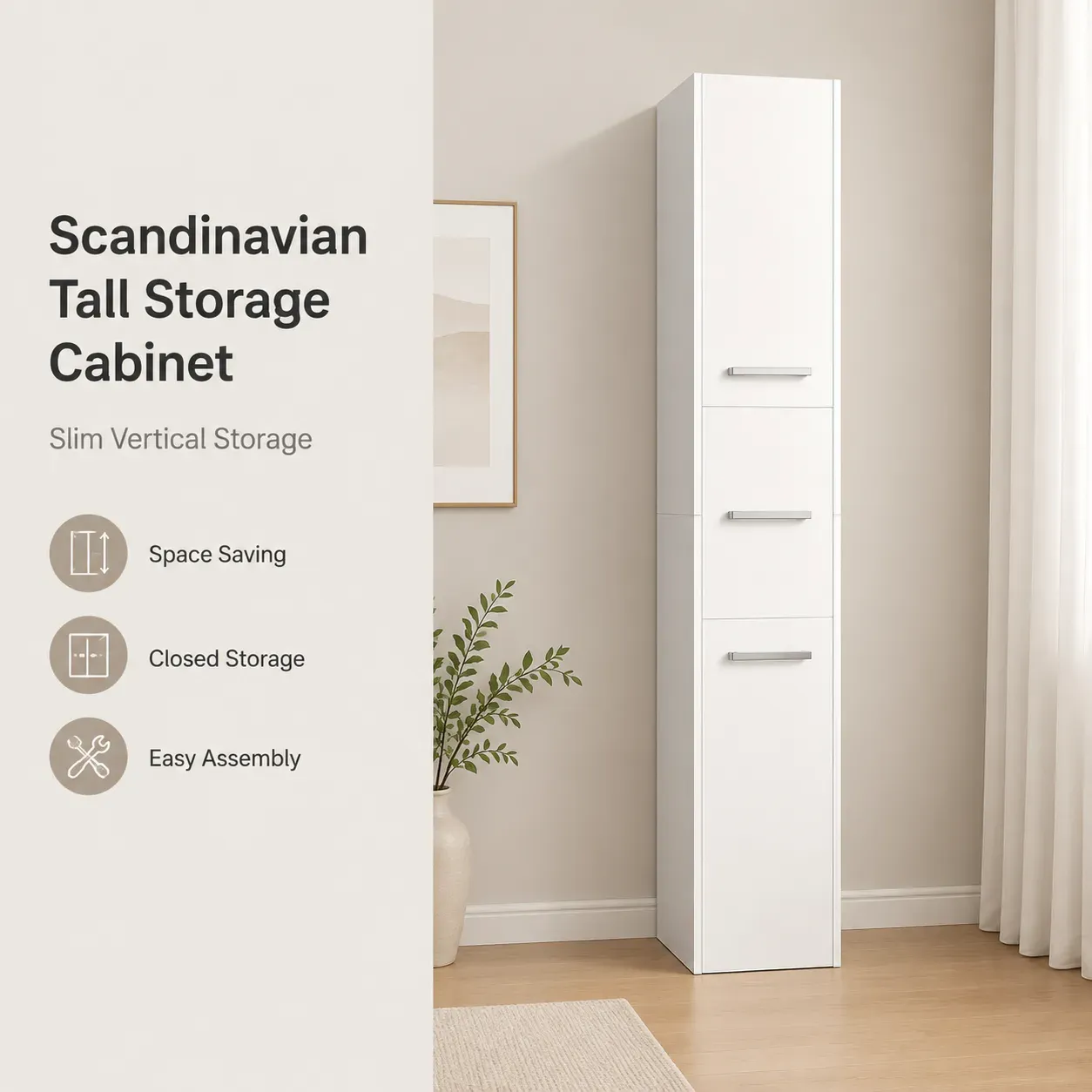 Scandinavian tall storage cabinet with three doors for living room organization