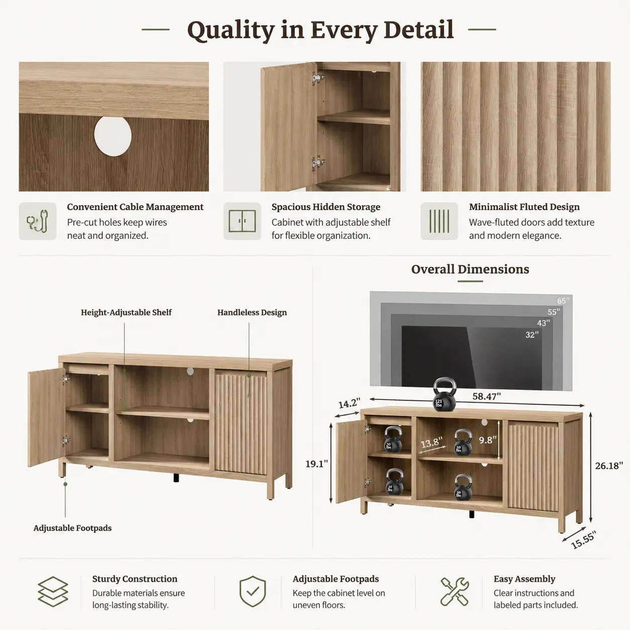 fluted door panel and adjustable shelf details of TV cabinet