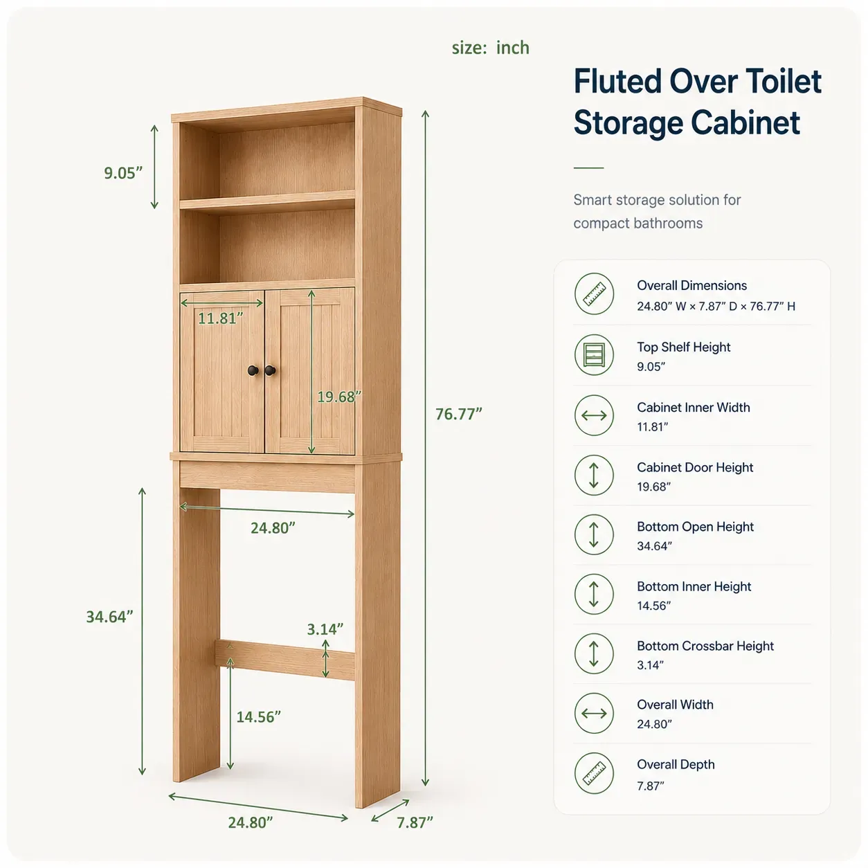 over-toilet-storage-cabinet size diagram with fluted doors and open shelf layout