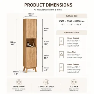 Dimensions of tall bathroom cabinet with open shelf and closed storage_1