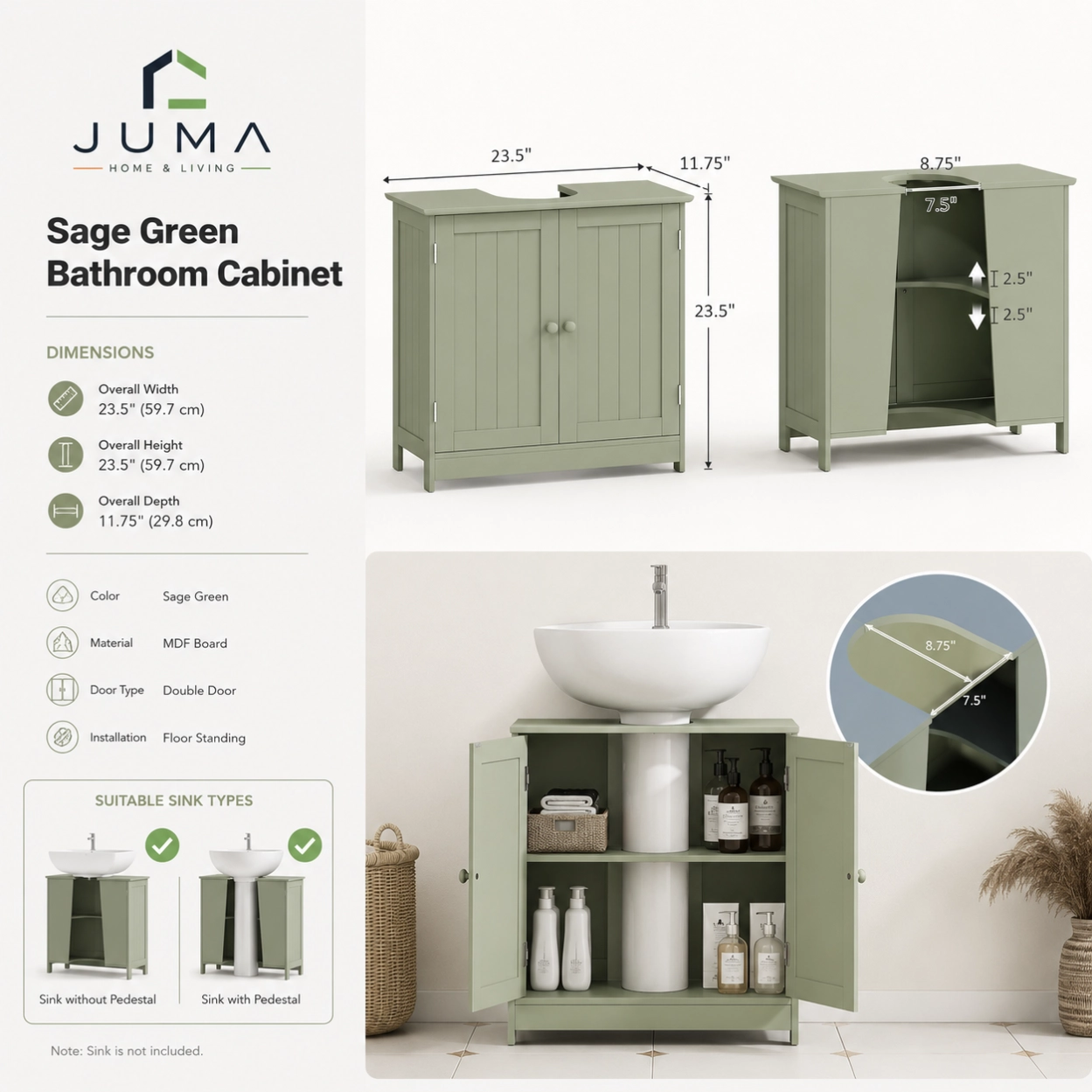 Sage green freestanding bathroom sink cabinet with double doors and adjustable shelf for compact European bathrooms (2)