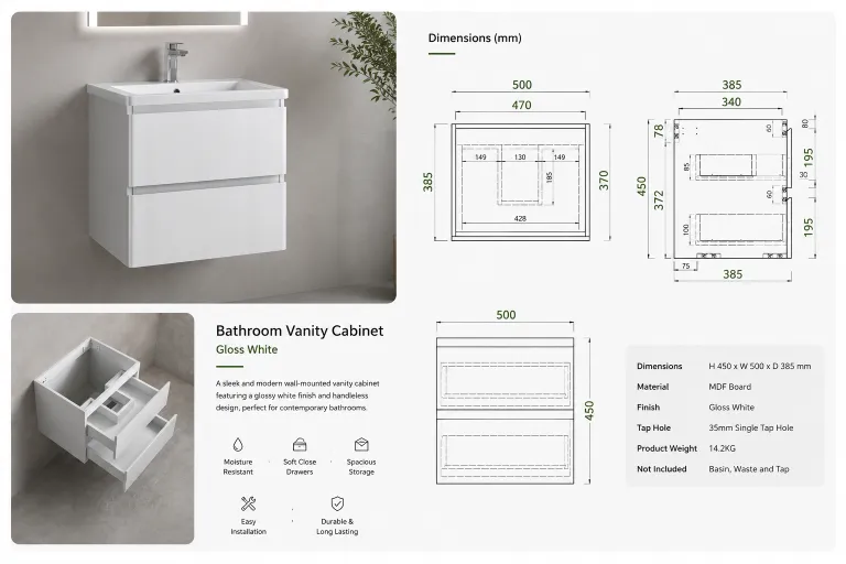 Gloss white wall mounted bathroom vanity cabinet with technical dimensions and open drawer storage structure