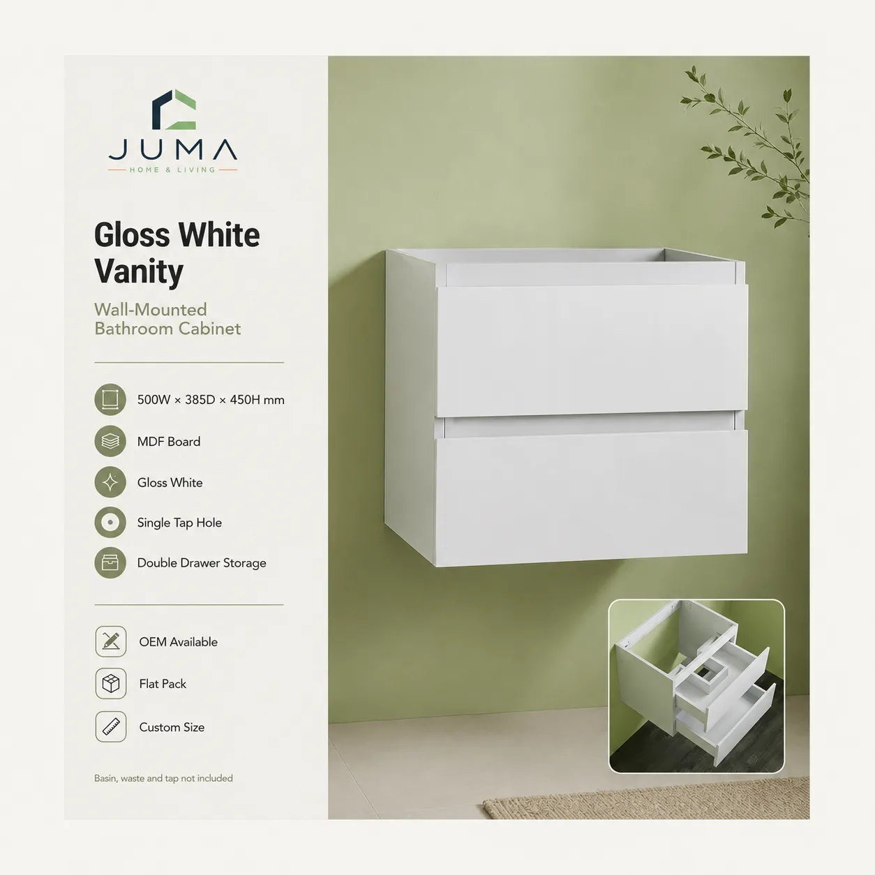 Gloss white wall mounted bathroom vanity cabinet with double drawers for modern European bathrooms
