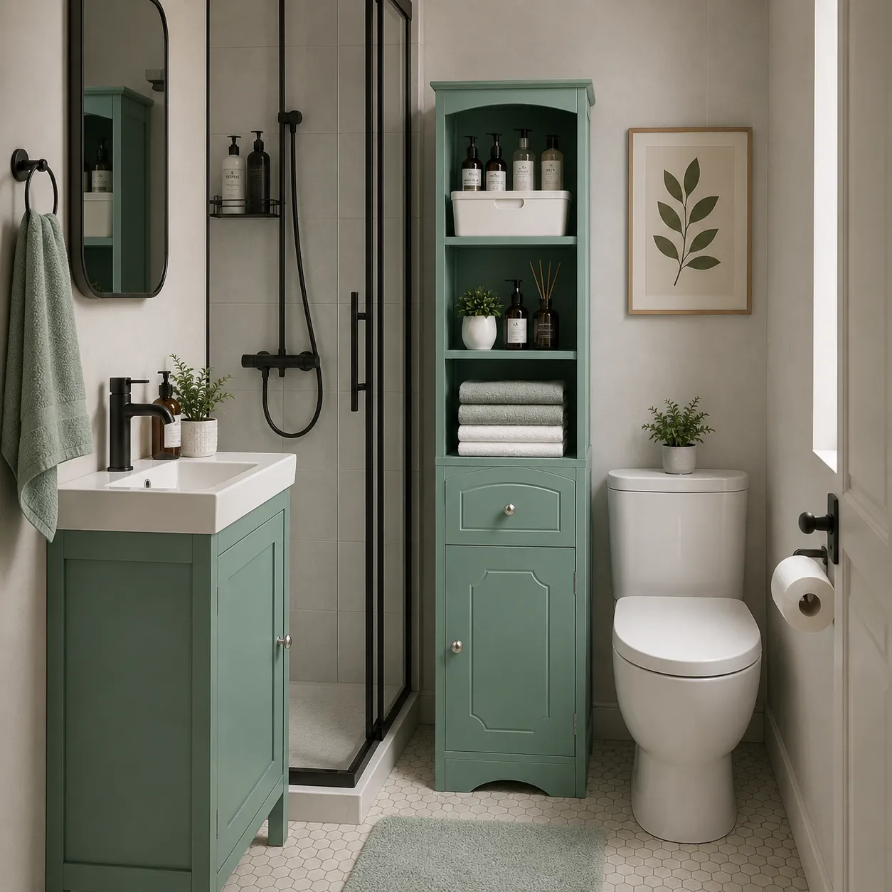 Compact European bathroom featuring green tall bathroom cabinet for space-saving storage
