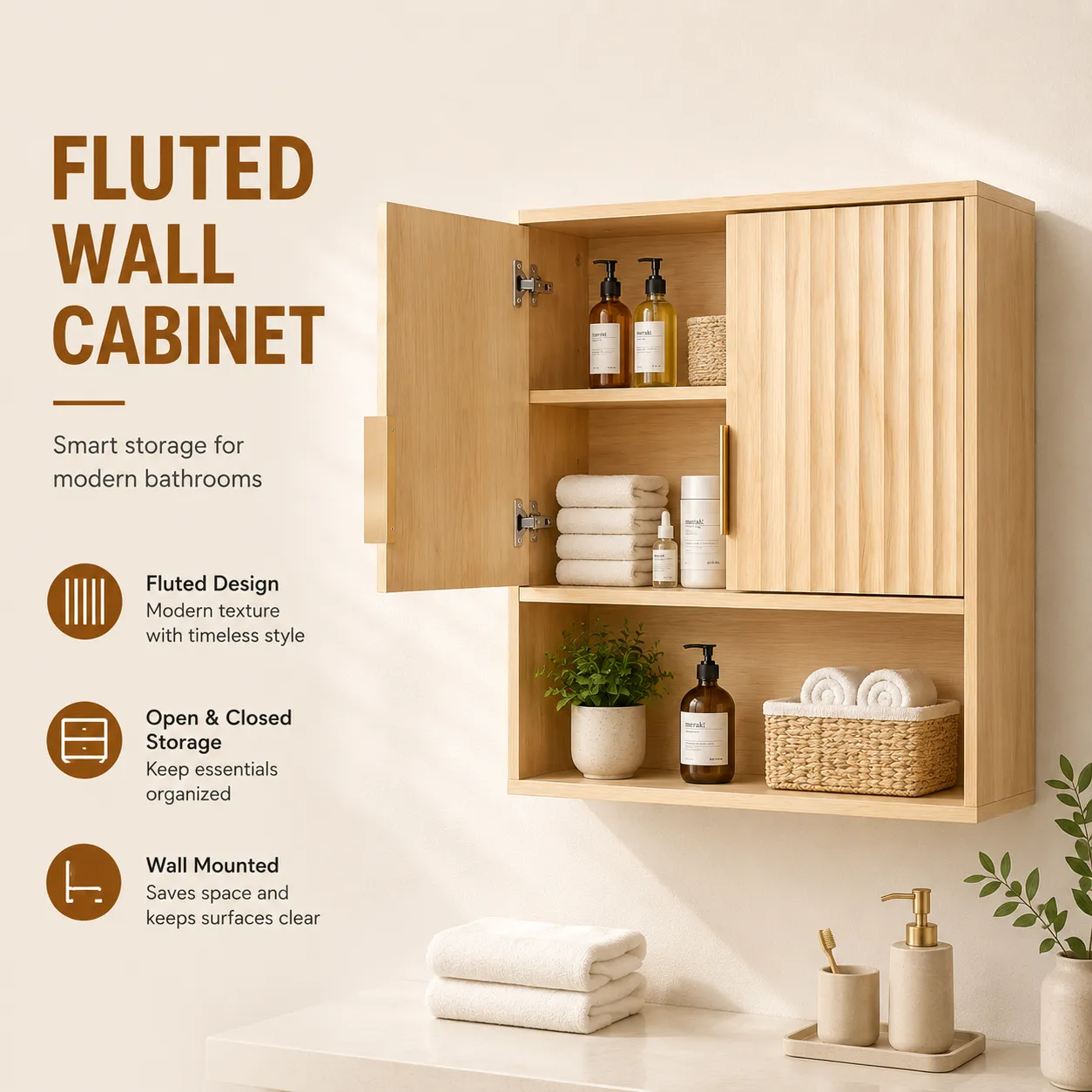 Wall mounted bathroom cabinet with fluted doors and open shelf storage