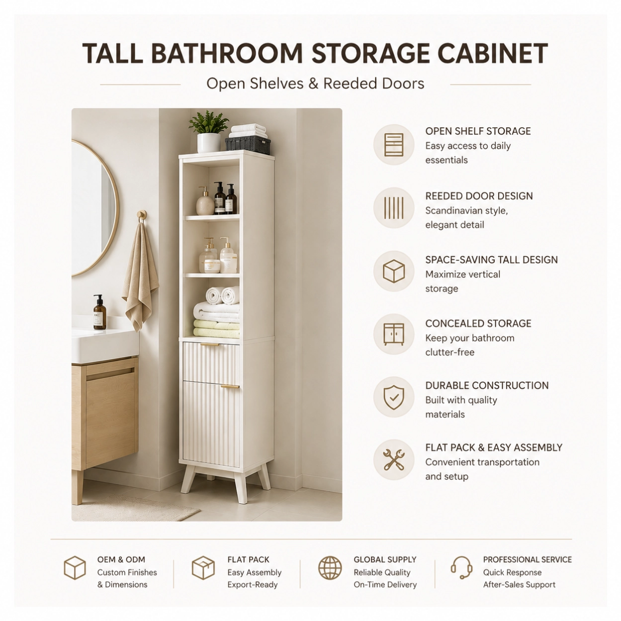 Tall bathroom storage cabinet with open shelves and reeded door storage (3)