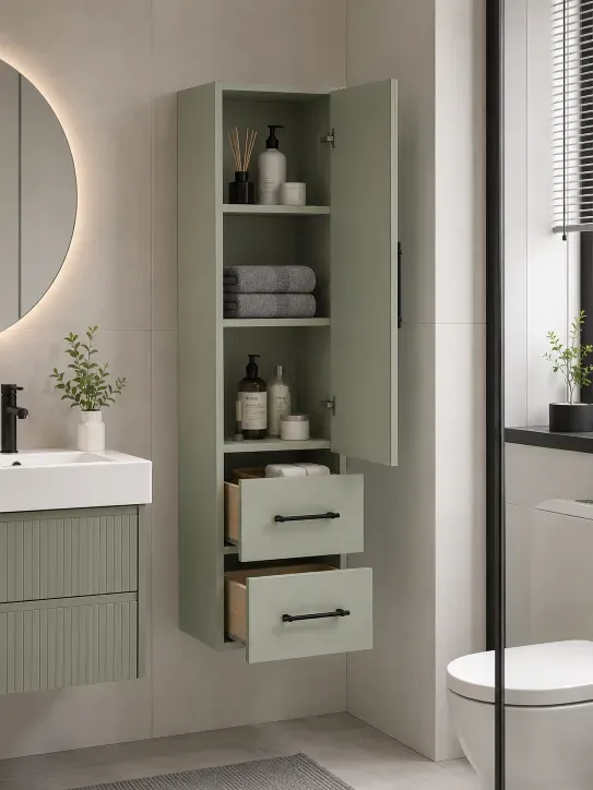 Sage Green floating tall bathroom cabinet in compact European bathroom