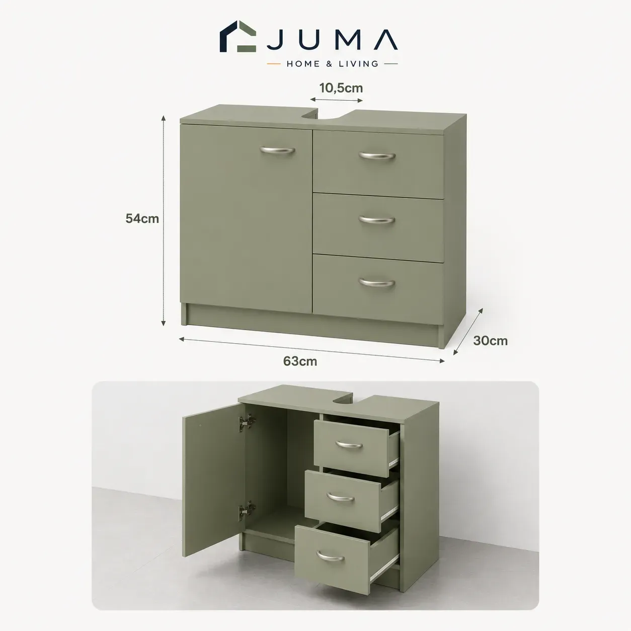Under sink bathroom storage cabinet dimensions showing 63cm width, 30cm depth, 54cm height and 10.5cm siphon cut-out
