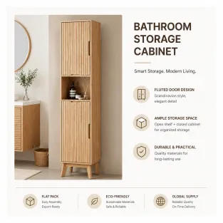 Tall bathroom cabinet with fluted doors and open shelf storage_1