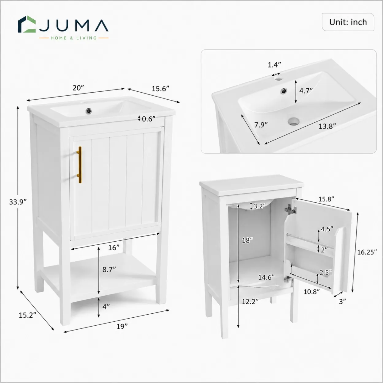 Floor standing bathroom vanity unit dimensions showing 20 inch width, 15.6 inch depth and 33.9 inch height