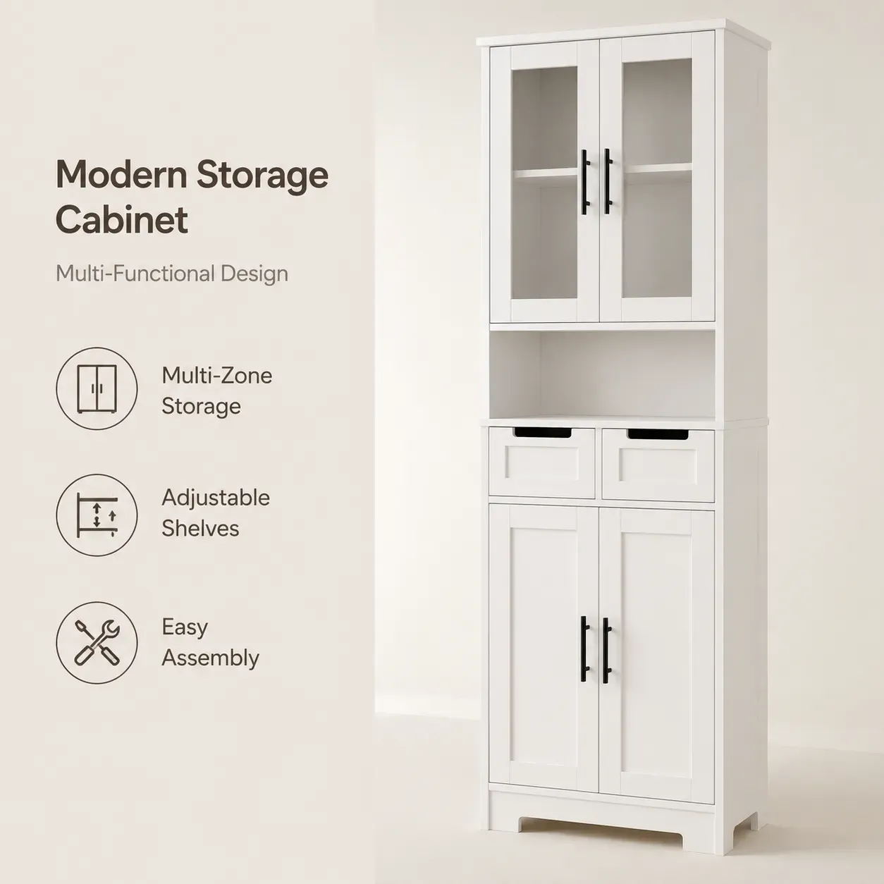 Modern freestanding storage cabinet with glass doors for living room