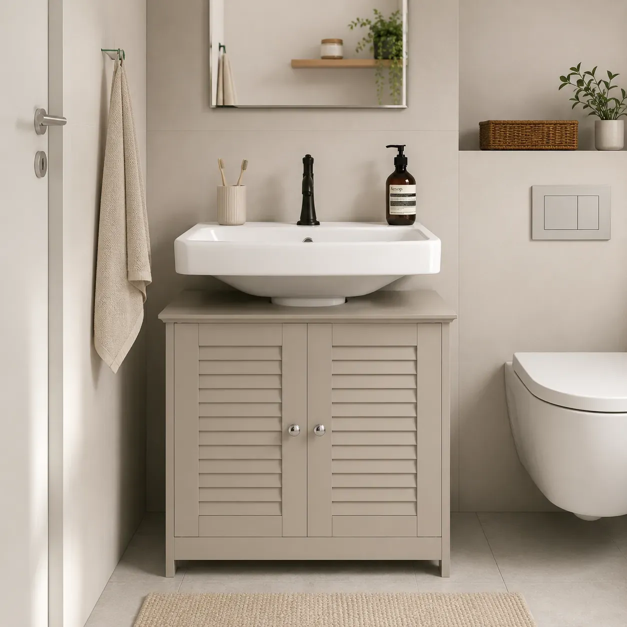 Taupe greige freestanding bathroom sink cabinet with basin in a compact Scandinavian-style European bathroom