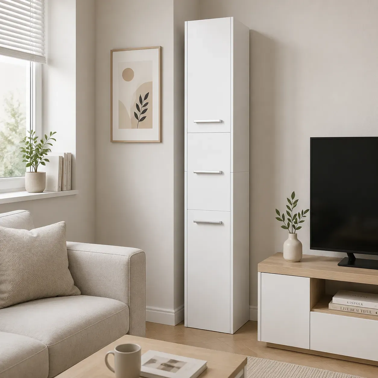 Slim white vertical storage cabinet for modern European apartments