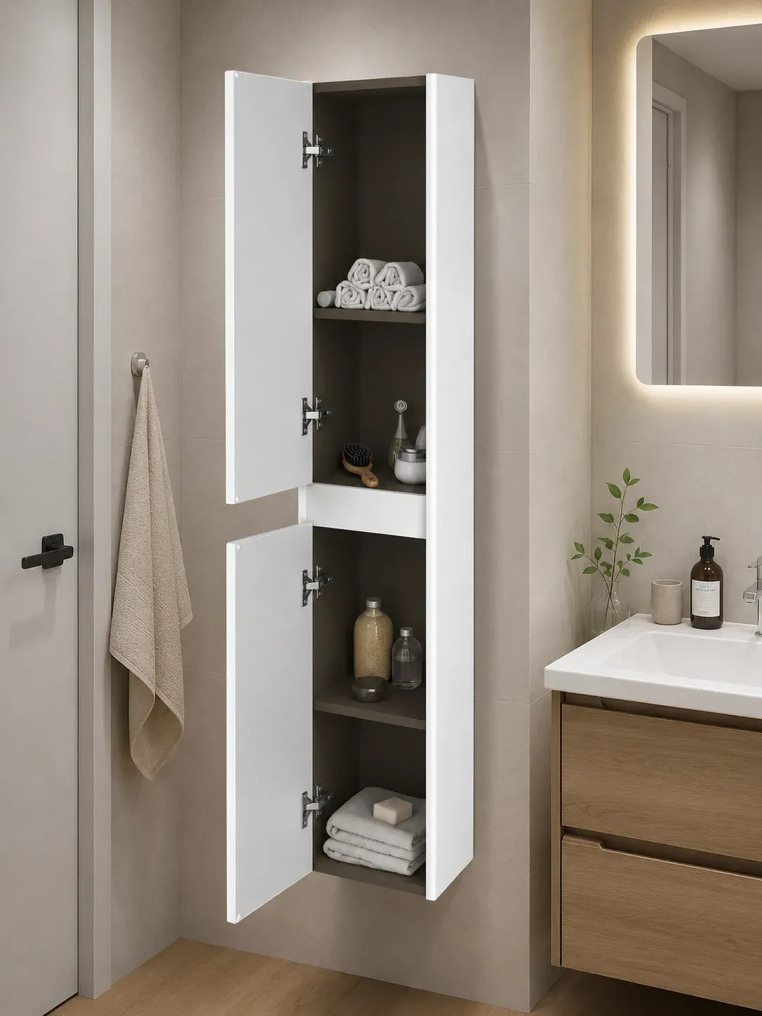floating bathroom storage column installed in compact modern European bathroom with vertical hidden storage