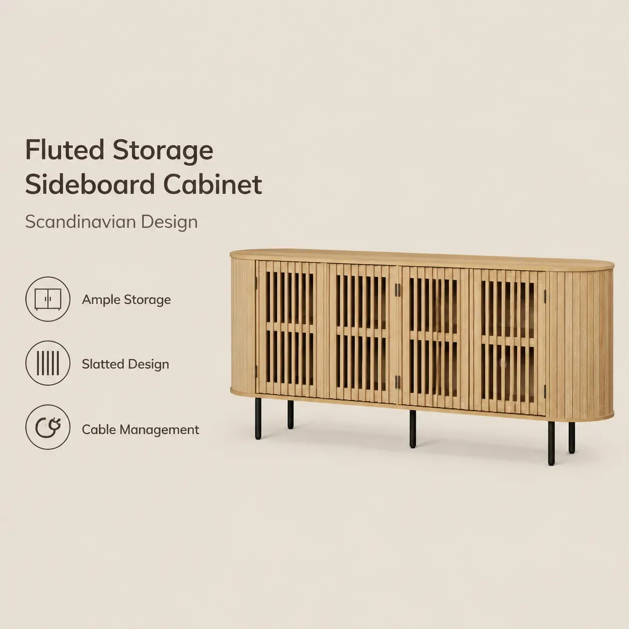 Scandinavian fluted sideboard cabinet with natural oak finish for living room storage