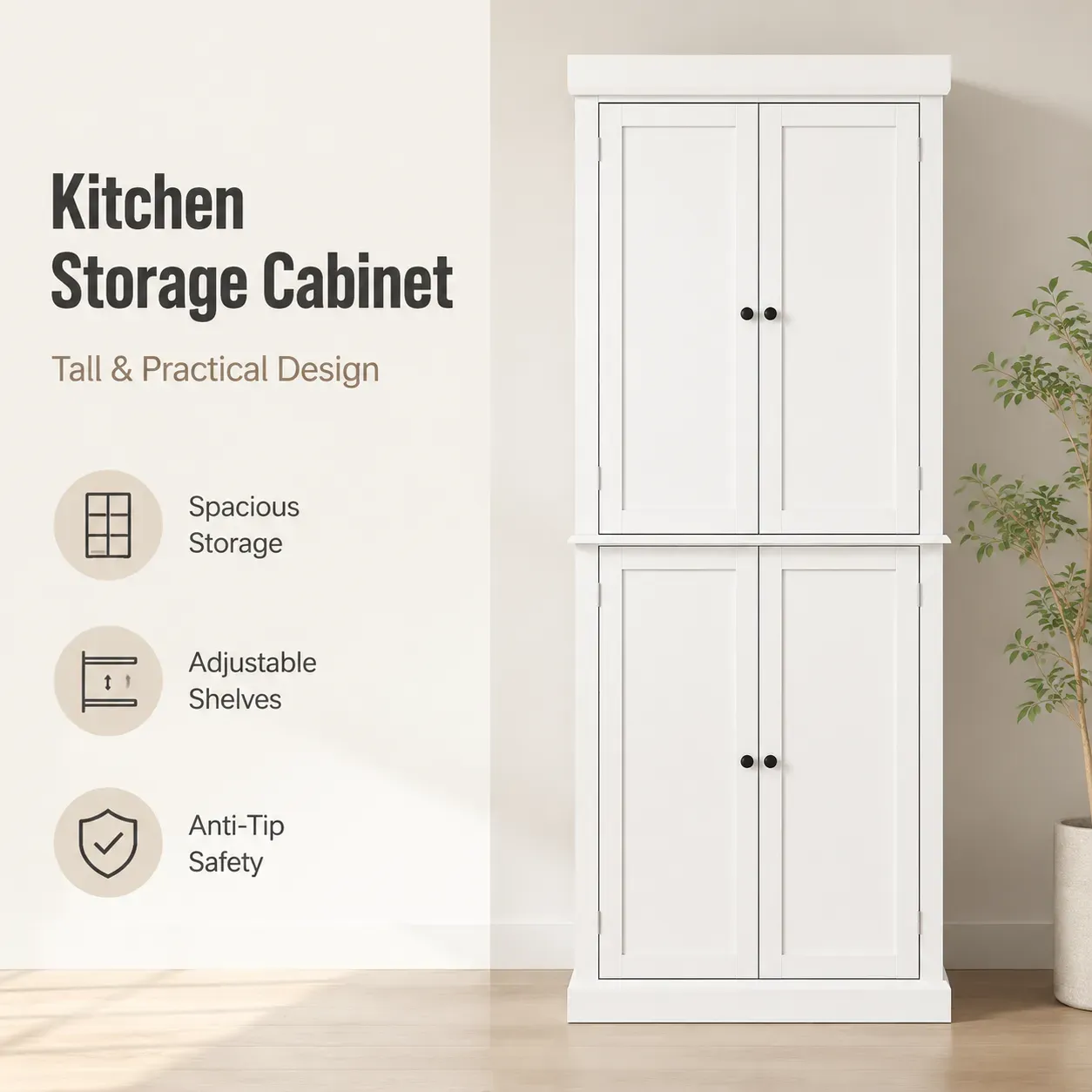 Freestanding white kitchen storage cabinet with double doors and shelves