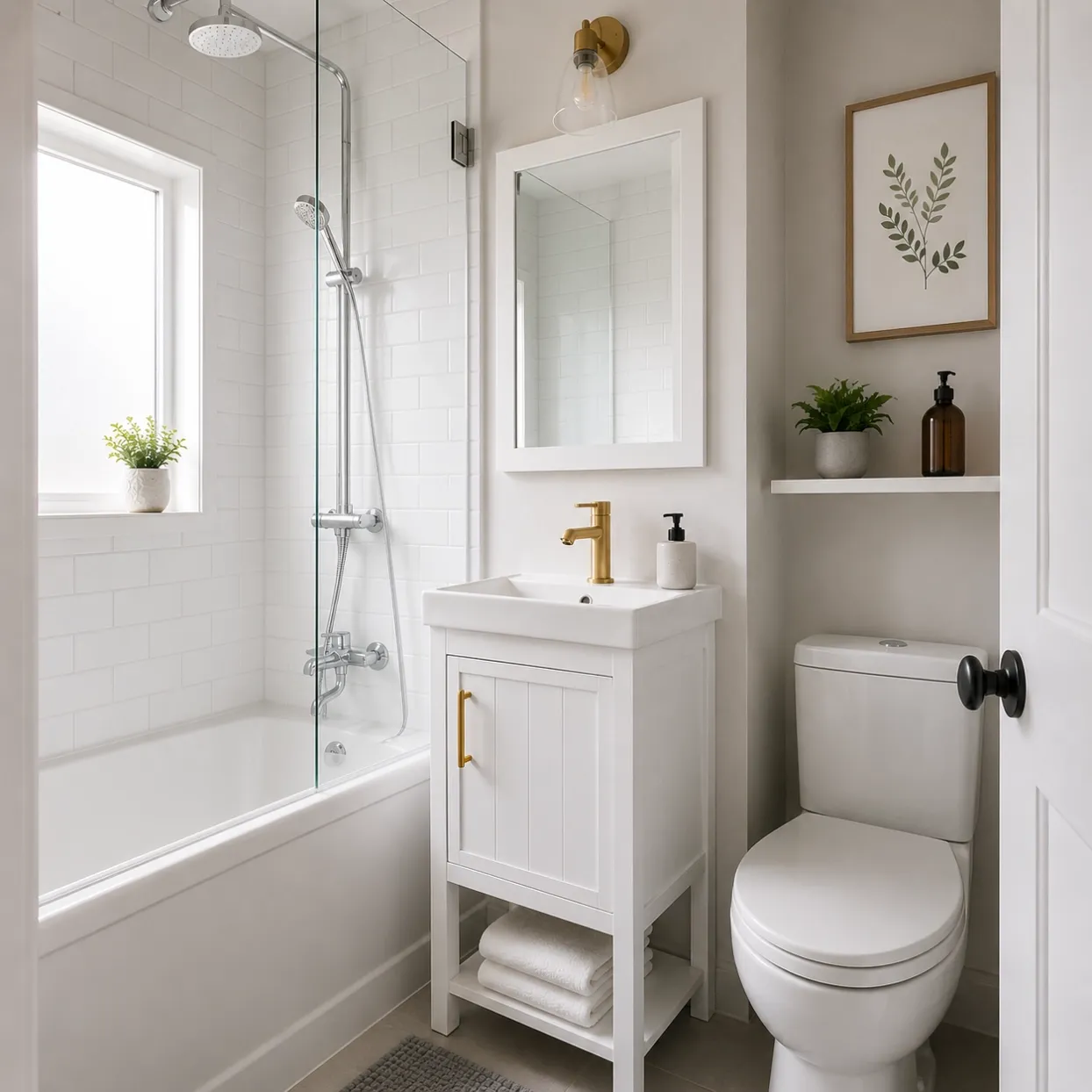 White floor standing bathroom vanity unit installed in a compact European bathroom